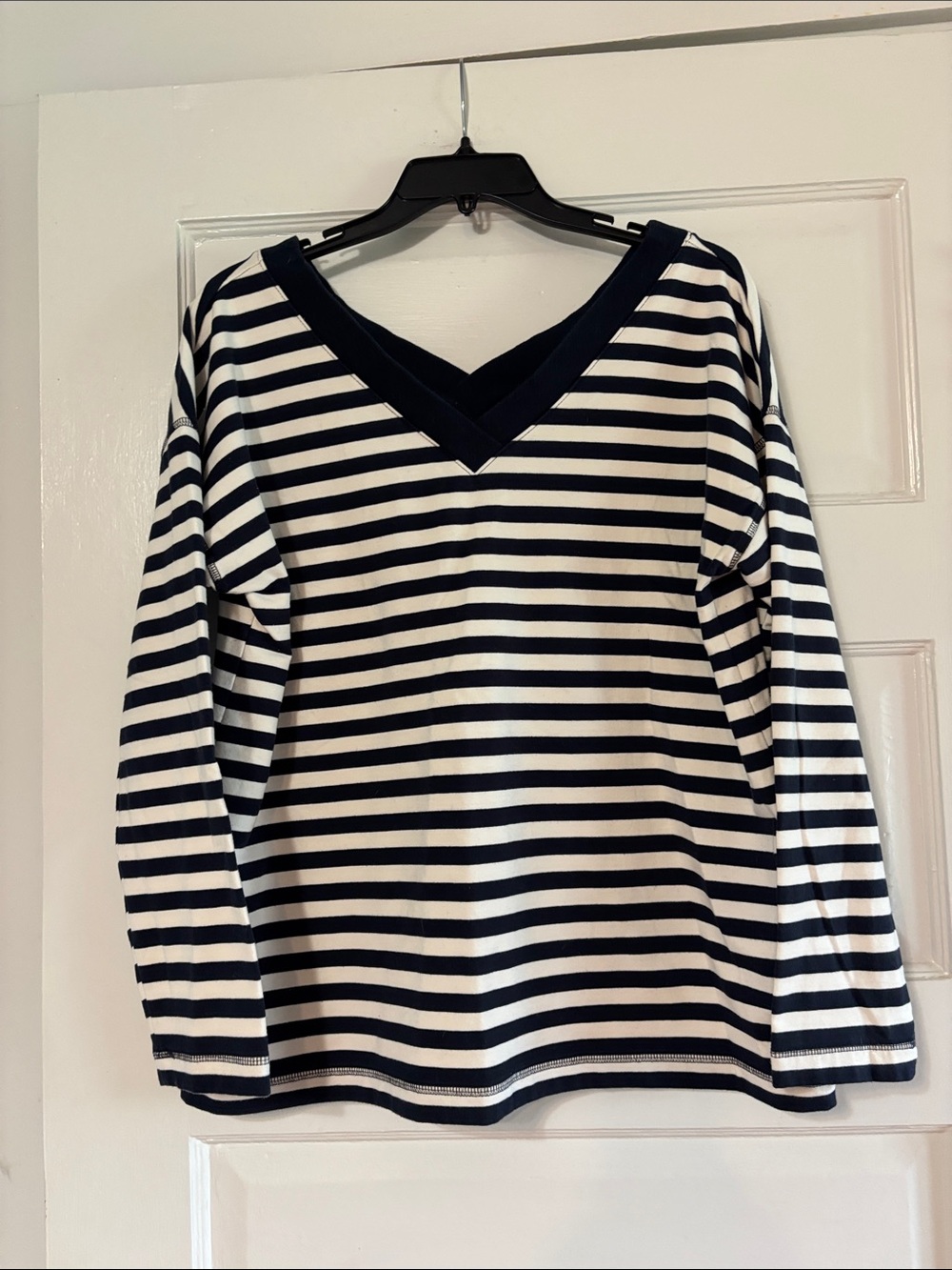 J. Jill Navy and White Striped V-Neck Long Sleeve Top